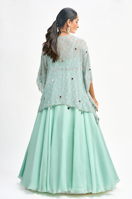 Shop_Tanu Malhotra_Blue Georgette, Organza Embroidery Sweetheart Neck Floral Print Cape Skirt Set _at_Aza_Fashions