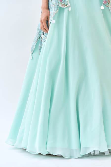 Tanu Malhotra_Blue Georgette, Organza Embroidery Sweetheart Neck Floral Print Cape Skirt Set _Online_at_Aza_Fashions