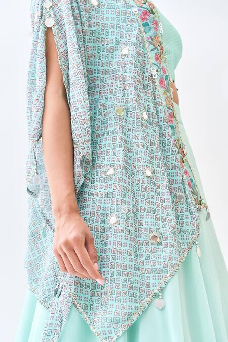 Buy_Tanu Malhotra_Blue Georgette, Organza Embroidery Sweetheart Neck Floral Print Cape Skirt Set _Online_at_Aza_Fashions