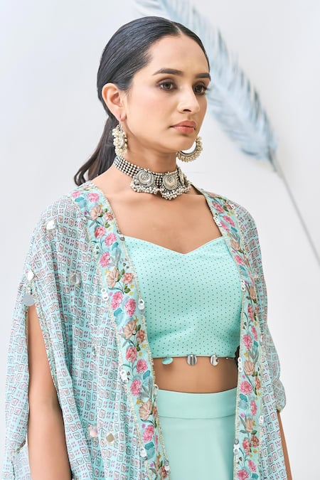 Shop_Tanu Malhotra_Blue Georgette, Organza Embroidery Sweetheart Neck Floral Print Cape Skirt Set _Online_at_Aza_Fashions