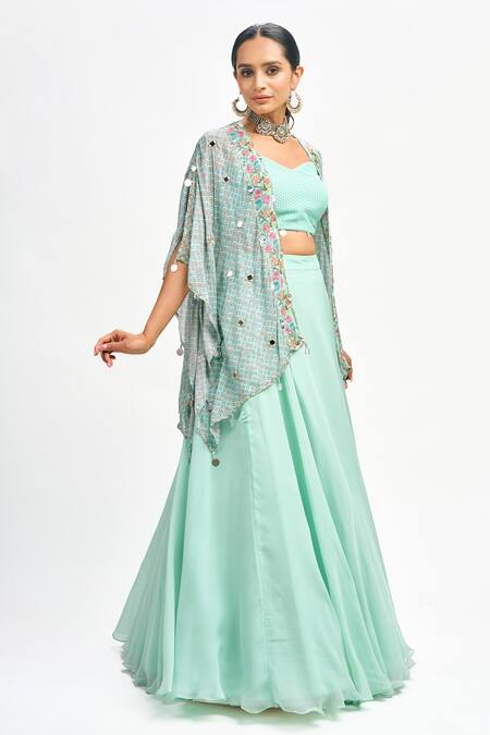 Tanu Malhotra_Blue Georgette, Organza Embroidery Sweetheart Neck Floral Print Cape Skirt Set _at_Aza_Fashions