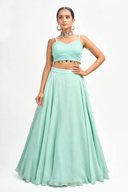 Buy_Tanu Malhotra_Blue Georgette, Organza Embroidery Sweetheart Neck Floral Print Cape Skirt Set 