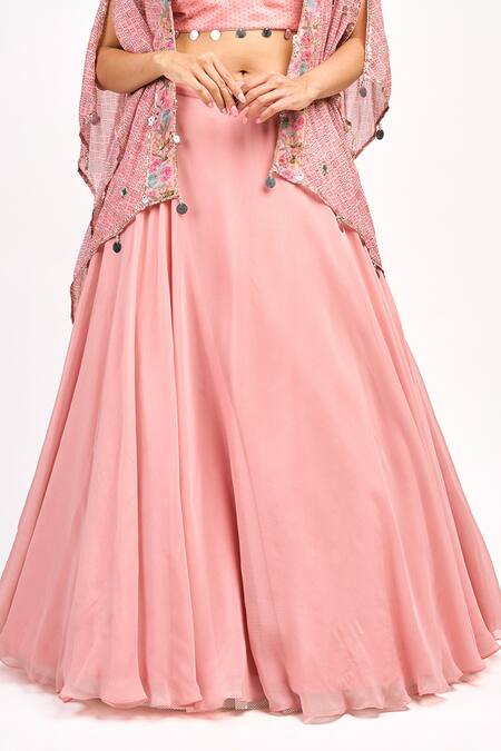 Buy Tanu Malhotra Peach Georgette, Organza Mirrors, Sequins Floral Butta Print Cape Skirt Set Online at Aza Fashions Buy_Tanu Malhotra_Peach Georgette, Organza Mirrors, Sequins Floral Butta Print Cape Skirt Set_Online_at_Aza_Fashions