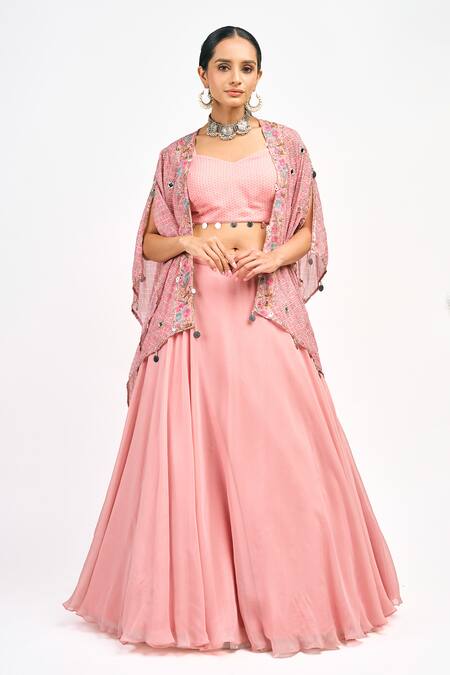 Shop Tanu Malhotra Peach Georgette, Organza Mirrors, Sequins Floral Butta Print Cape Skirt Set Online at Aza Fashions Shop_Tanu Malhotra_Peach Georgette, Organza Mirrors, Sequins Floral Butta Print Cape Skirt Set_Online_at_Aza_Fashions