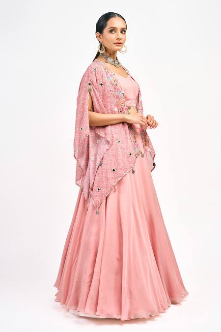 Tanu Malhotra Peach Georgette, Organza Mirrors, Sequins Floral Butta Print Cape Skirt Set at Aza Fashions Tanu Malhotra_Peach Georgette, Organza Mirrors, Sequins Floral Butta Print Cape Skirt Set_at_Aza_Fashions