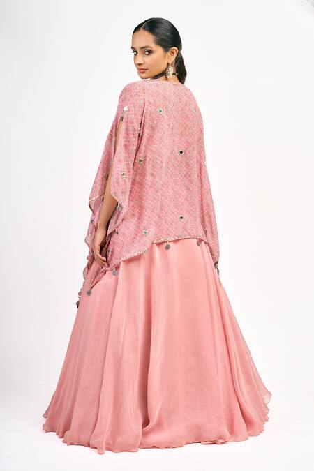 Buy Tanu Malhotra Peach Georgette, Organza Mirrors, Sequins Floral Butta Print Cape Skirt Set Buy_Tanu Malhotra_Peach Georgette, Organza Mirrors, Sequins Floral Butta Print Cape Skirt Set