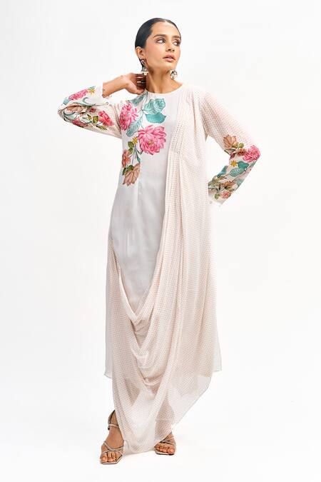 Tanu Malhotra White Georgette Printed Floral Round Neck Placement Draped Dress