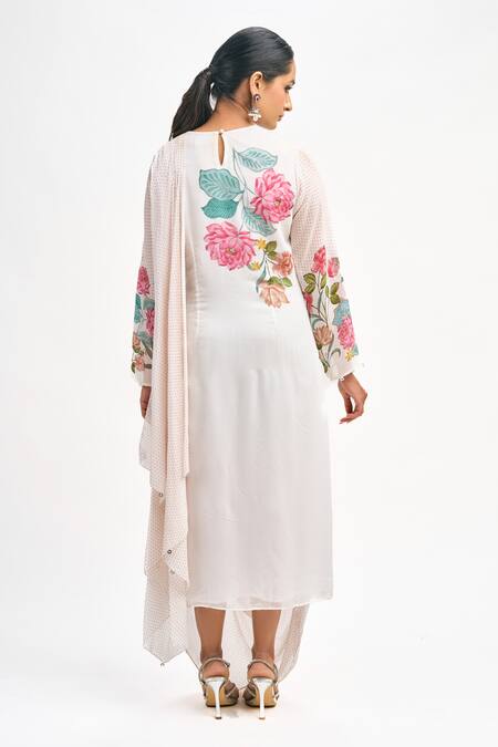 Shop Tanu Malhotra White Georgette Embroidery Round Neck Floral Placement Print Draped Dress at Aza Fashions Shop_Tanu Malhotra_White Georgette Embroidery Round Neck Floral Placement Print Draped Dress_at_Aza_Fashions