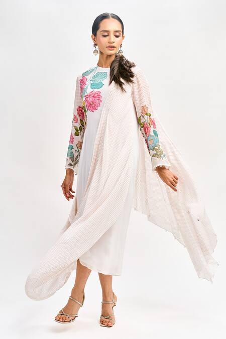 Tanu Malhotra White Georgette Embroidery Round Neck Floral Placement Print Draped Dress Online at Aza Fashions Tanu Malhotra_White Georgette Embroidery Round Neck Floral Placement Print Draped Dress_Online_at_Aza_Fashions