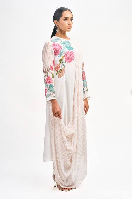 Buy Tanu Malhotra White Georgette Embroidery Round Neck Floral Placement Print Draped Dress Online at Aza Fashions Buy_Tanu Malhotra_White Georgette Embroidery Round Neck Floral Placement Print Draped Dress_Online_at_Aza_Fashions