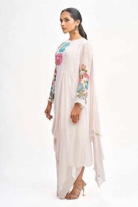 Shop Tanu Malhotra White Georgette Embroidery Round Neck Floral Placement Print Draped Dress Online at Aza Fashions Shop_Tanu Malhotra_White Georgette Embroidery Round Neck Floral Placement Print Draped Dress_Online_at_Aza_Fashions