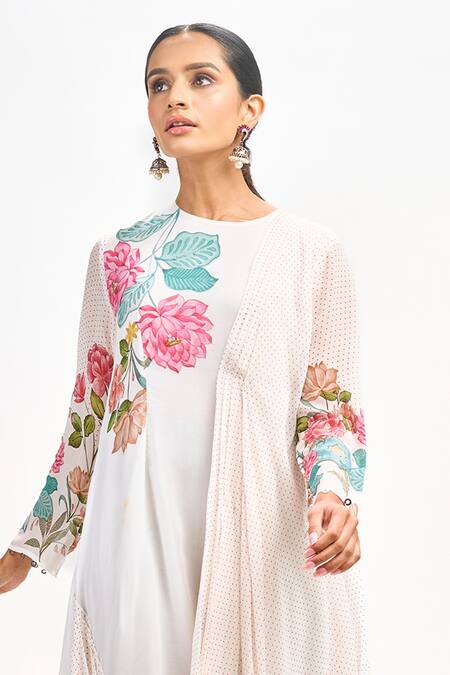 Tanu Malhotra White Georgette Embroidery Round Neck Floral Placement Print Draped Dress at Aza Fashions Tanu Malhotra_White Georgette Embroidery Round Neck Floral Placement Print Draped Dress_at_Aza_Fashions