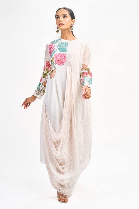 Buy Tanu Malhotra White Georgette Embroidery Round Neck Floral Placement Print Draped Dress Buy_Tanu Malhotra_White Georgette Embroidery Round Neck Floral Placement Print Draped Dress