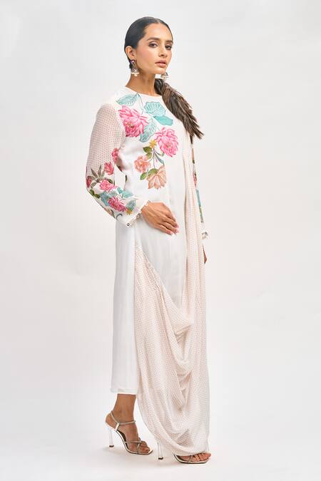 Shop Tanu Malhotra White Georgette Embroidery Round Neck Floral Placement Print Draped Dress Shop_Tanu Malhotra_White Georgette Embroidery Round Neck Floral Placement Print Draped Dress