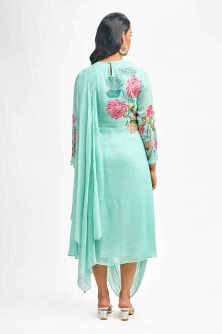 Shop Tanu Malhotra Blue Georgette Embroidery Round Neck Polka Dot Print Draped Dress at Aza Fashions Shop_Tanu Malhotra_Blue Georgette Embroidery Round Neck Polka Dot Print Draped Dress_at_Aza_Fashions