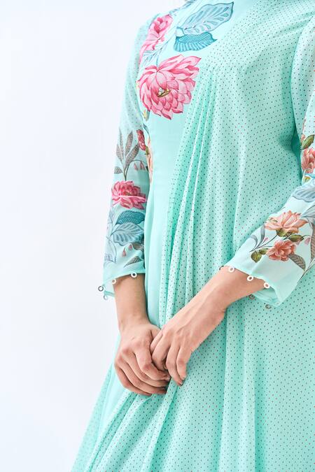 Tanu Malhotra Blue Georgette Embroidery Round Neck Polka Dot Print Draped Dress Online at Aza Fashions Tanu Malhotra_Blue Georgette Embroidery Round Neck Polka Dot Print Draped Dress_Online_at_Aza_Fashions