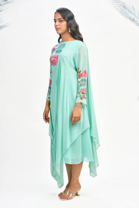Buy Tanu Malhotra Blue Georgette Embroidery Round Neck Polka Dot Print Draped Dress Online at Aza Fashions Buy_Tanu Malhotra_Blue Georgette Embroidery Round Neck Polka Dot Print Draped Dress_Online_at_Aza_Fashions