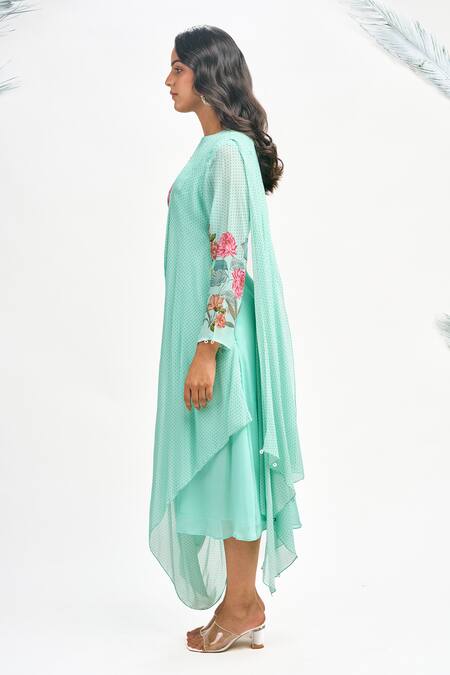 Shop Tanu Malhotra Blue Georgette Embroidery Round Neck Polka Dot Print Draped Dress Online at Aza Fashions Shop_Tanu Malhotra_Blue Georgette Embroidery Round Neck Polka Dot Print Draped Dress_Online_at_Aza_Fashions