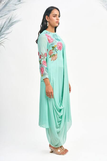Buy Tanu Malhotra Blue Georgette Embroidery Round Neck Polka Dot Print Draped Dress Buy_Tanu Malhotra_Blue Georgette Embroidery Round Neck Polka Dot Print Draped Dress