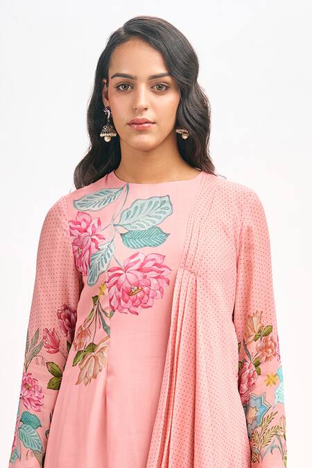 Tanu Malhotra_Peach Georgette Embroidery Round Neck Lotus Print Draped Dress_Online_at_Aza_Fashions