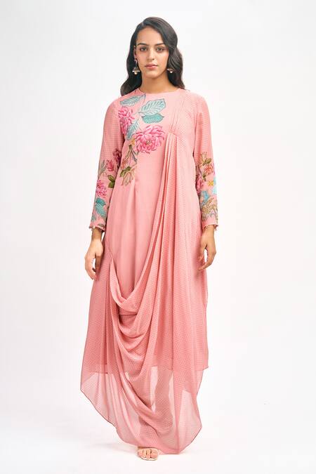 Buy_Tanu Malhotra_Peach Georgette Embroidery Round Neck Lotus Print Draped Dress_Online_at_Aza_Fashions