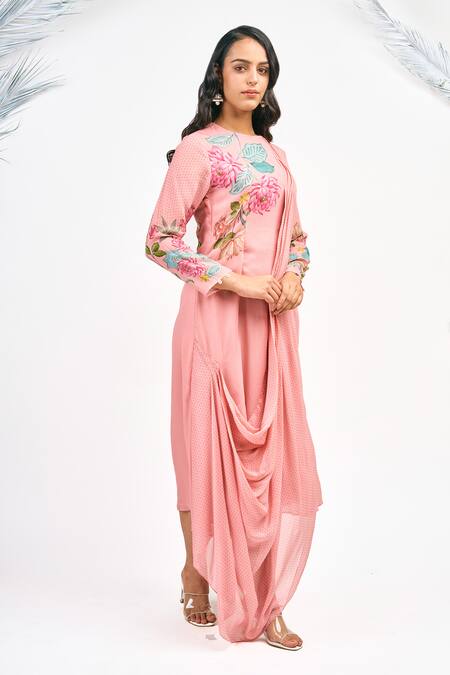 Shop_Tanu Malhotra_Peach Georgette Embroidery Round Neck Lotus Print Draped Dress_Online_at_Aza_Fashions