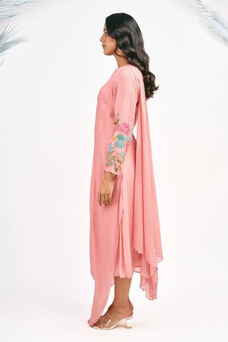 Tanu Malhotra_Peach Georgette Embroidery Round Neck Lotus Print Draped Dress_at_Aza_Fashions