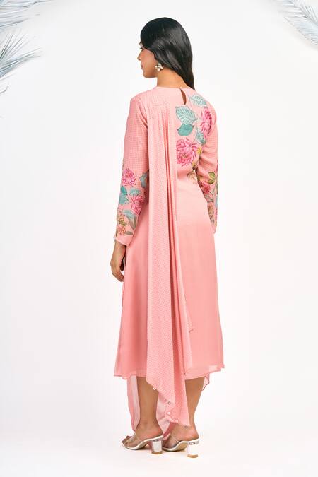Buy_Tanu Malhotra_Peach Georgette Embroidery Round Neck Lotus Print Draped Dress