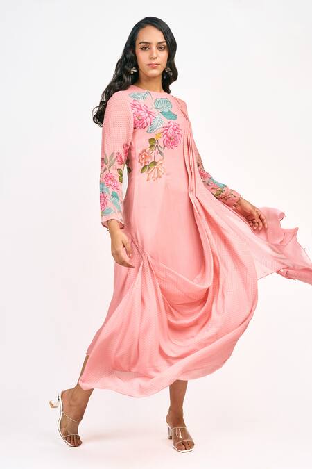 Shop_Tanu Malhotra_Peach Georgette Embroidery Round Neck Lotus Print Draped Dress