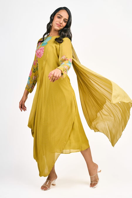Tanu Malhotra Yellow Georgette Printed Lotus Round Neck And Polka Dot Dress