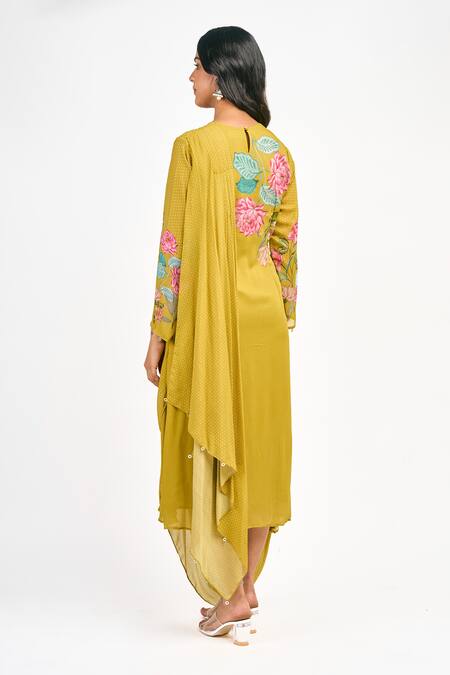 Shop_Tanu Malhotra_Yellow Georgette Embroidery Round Neck Lotus And Polka Dot Print Dress_at_Aza_Fashions