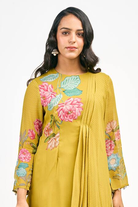 Tanu Malhotra_Yellow Georgette Embroidery Round Neck Lotus And Polka Dot Print Dress_Online_at_Aza_Fashions