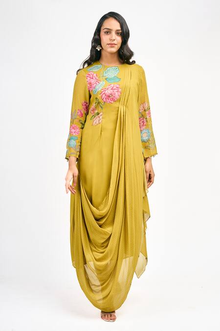 Buy_Tanu Malhotra_Yellow Georgette Embroidery Round Neck Lotus And Polka Dot Print Dress_Online_at_Aza_Fashions