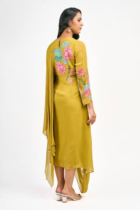 Shop_Tanu Malhotra_Yellow Georgette Embroidery Round Neck Lotus And Polka Dot Print Dress_Online_at_Aza_Fashions