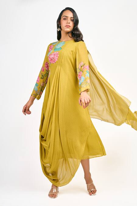 Tanu Malhotra_Yellow Georgette Embroidery Round Neck Lotus And Polka Dot Print Dress_at_Aza_Fashions