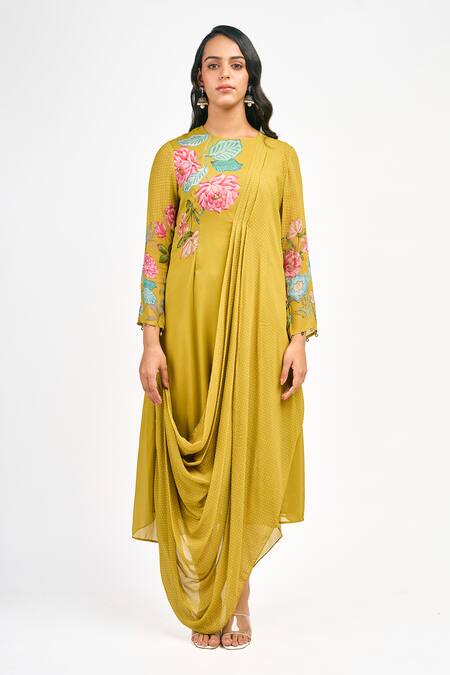 Buy_Tanu Malhotra_Yellow Georgette Embroidery Round Neck Lotus And Polka Dot Print Dress