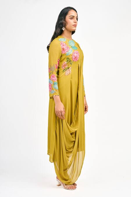 Shop_Tanu Malhotra_Yellow Georgette Embroidery Round Neck Lotus And Polka Dot Print Dress