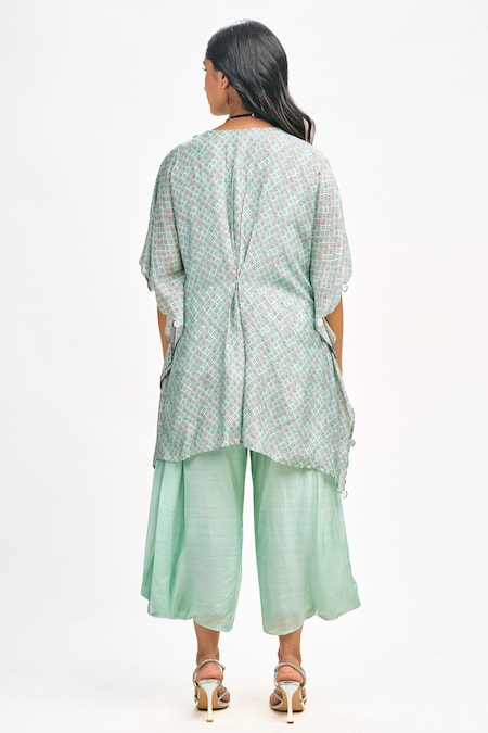 Shop Tanu Malhotra Blue Cotton, Silk Embroidery, Sequins V-neck Floral Butta Print Kaftan Pant Set at Aza Fashions Shop_Tanu Malhotra_Blue Cotton, Silk Embroidery, Sequins V-neck Floral Butta Print Kaftan Pant Set _at_Aza_Fashions