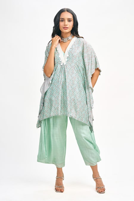 Tanu Malhotra Blue Cotton, Silk Embroidery, Sequins V-neck Floral Butta Print Kaftan Pant Set Online at Aza Fashions Tanu Malhotra_Blue Cotton, Silk Embroidery, Sequins V-neck Floral Butta Print Kaftan Pant Set _Online_at_Aza_Fashions