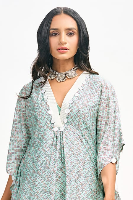 Buy Tanu Malhotra Blue Cotton, Silk Embroidery, Sequins V-neck Floral Butta Print Kaftan Pant Set Online at Aza Fashions Buy_Tanu Malhotra_Blue Cotton, Silk Embroidery, Sequins V-neck Floral Butta Print Kaftan Pant Set _Online_at_Aza_Fashions