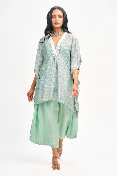 Tanu Malhotra Blue Cotton, Silk Embroidery, Sequins V-neck Floral Butta Print Kaftan Pant Set at Aza Fashions Tanu Malhotra_Blue Cotton, Silk Embroidery, Sequins V-neck Floral Butta Print Kaftan Pant Set _at_Aza_Fashions