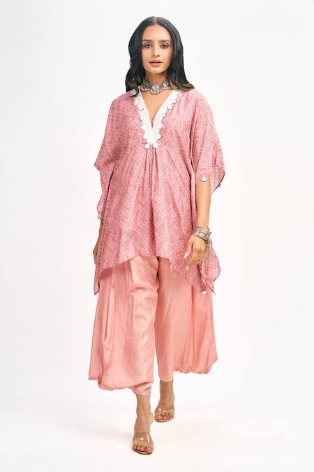 Shop Tanu Malhotra Peach Cotton, Silk Sequins V-neck Floral Print Kaftan Pant Set Online at Aza Fashions Shop_Tanu Malhotra_Peach Cotton, Silk Sequins V-neck Floral Print Kaftan Pant Set _Online_at_Aza_Fashions