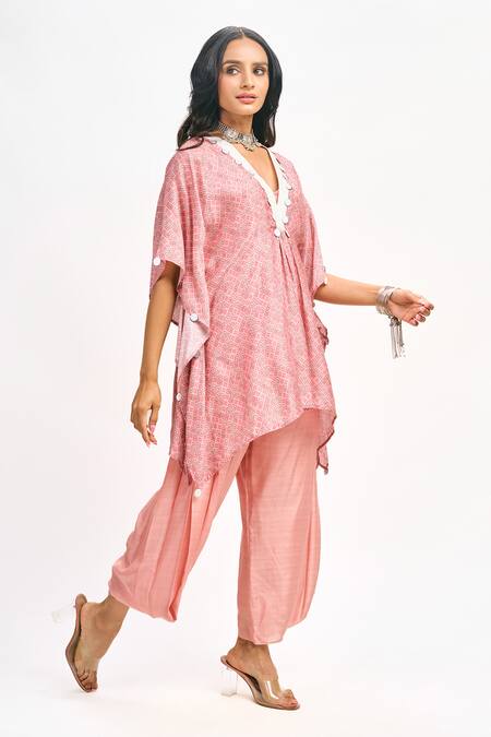 Tanu Malhotra Peach Cotton, Silk Sequins V-neck Floral Print Kaftan Pant Set at Aza Fashions Tanu Malhotra_Peach Cotton, Silk Sequins V-neck Floral Print Kaftan Pant Set _at_Aza_Fashions