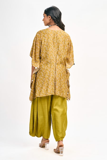 Shop Tanu Malhotra Yellow Cotton, Silk Sequins, Embroidery Floral Print Kaftan Draped Pant Set at Aza Fashions Shop_Tanu Malhotra_Yellow Cotton, Silk Sequins, Embroidery Floral Print Kaftan Draped Pant Set _at_Aza_Fashions