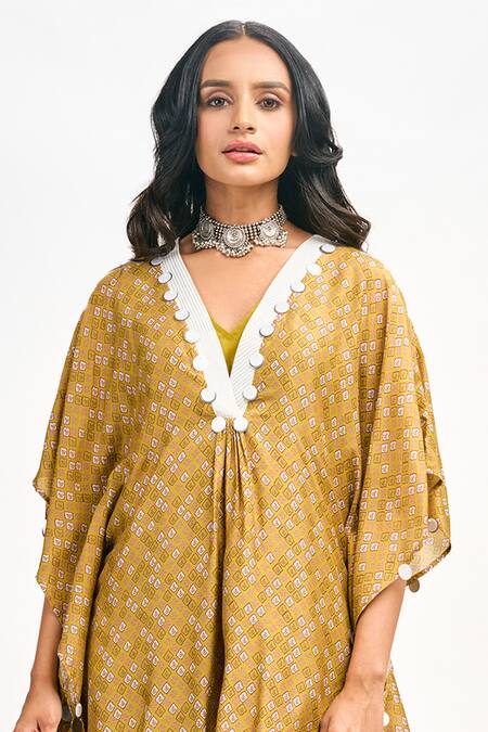 Tanu Malhotra Yellow Cotton, Silk Sequins, Embroidery Floral Print Kaftan Draped Pant Set Online at Aza Fashions Tanu Malhotra_Yellow Cotton, Silk Sequins, Embroidery Floral Print Kaftan Draped Pant Set _Online_at_Aza_Fashions
