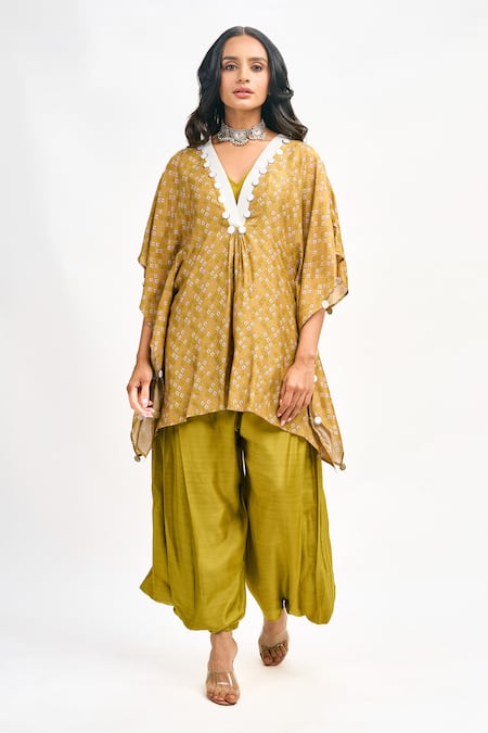 Buy Tanu Malhotra Yellow Cotton, Silk Sequins, Embroidery Floral Print Kaftan Draped Pant Set Online at Aza Fashions Buy_Tanu Malhotra_Yellow Cotton, Silk Sequins, Embroidery Floral Print Kaftan Draped Pant Set _Online_at_Aza_Fashions