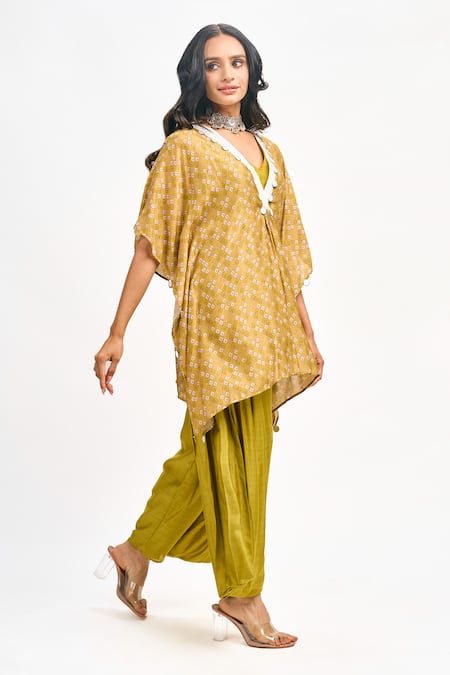 Tanu Malhotra Yellow Cotton, Silk Sequins, Embroidery Floral Print Kaftan Draped Pant Set at Aza Fashions Tanu Malhotra_Yellow Cotton, Silk Sequins, Embroidery Floral Print Kaftan Draped Pant Set _at_Aza_Fashions