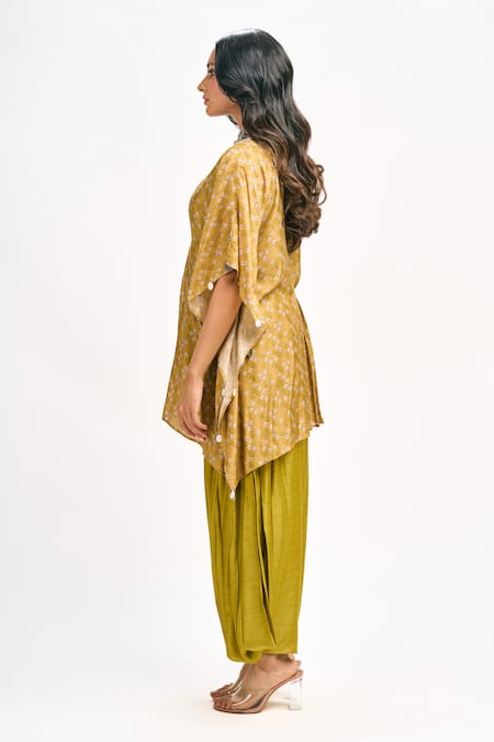 Buy Tanu Malhotra Yellow Cotton, Silk Sequins, Embroidery Floral Print Kaftan Draped Pant Set Buy_Tanu Malhotra_Yellow Cotton, Silk Sequins, Embroidery Floral Print Kaftan Draped Pant Set