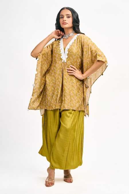 Shop Tanu Malhotra Yellow Cotton, Silk Sequins, Embroidery Floral Print Kaftan Draped Pant Set Shop_Tanu Malhotra_Yellow Cotton, Silk Sequins, Embroidery Floral Print Kaftan Draped Pant Set