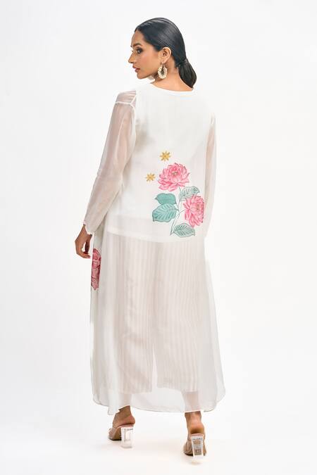 Shop Tanu Malhotra White Organza, Cotton, Silk Embroidery Open Neck Floral Print Jacket Pant Set at Aza Fashions Shop_Tanu Malhotra_White Organza, Cotton, Silk Embroidery Open Neck Floral Print Jacket Pant Set_at_Aza_Fashions